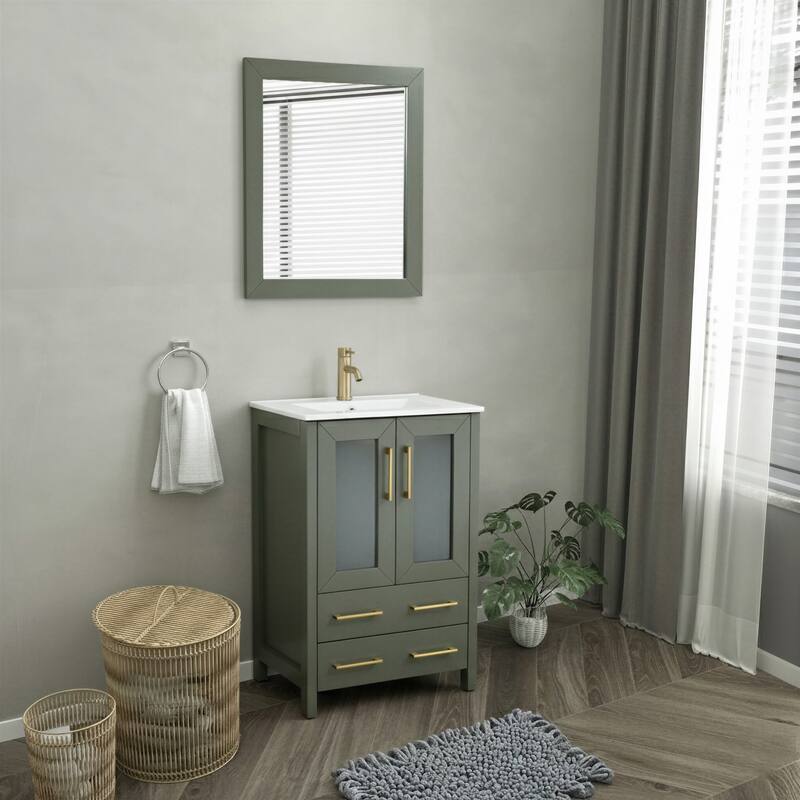 Vanity Art 24-Inch Single Sink Bathroom Vanity Set 2 Drawers, 1 Cabinet, 1 Shelf, Soft-Closing Doors with Free Mirror