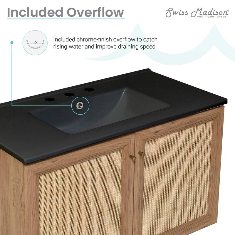 Classe 36 In. Brown Oak Wall Hung Bathroom Vanity With Black, 3-Hole Ceramic Sink Top