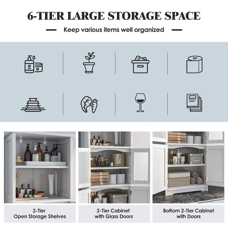 Gymax Bathroom Tall Storage Cabinet Linen Tower w/ Glass Door &