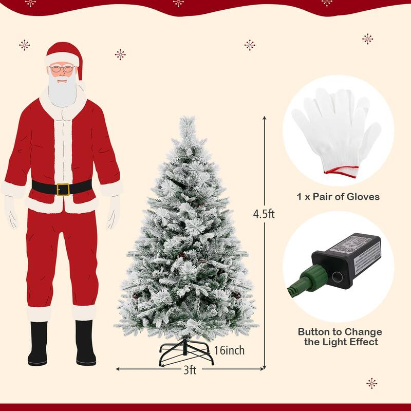 4.5 FT/6FT/7ft Pre-Lit Snow Flocked Christmas Tree Hinged Xmas Tree - 4.5 Foot