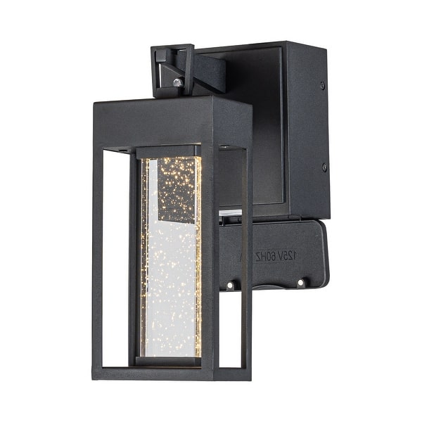 slide 2 of 8, Modern LED Outdoor Black Dusk to Dawn Sensor Wall Lantern Sconce with Seeded Glass and built-in GFCI Outlets Black