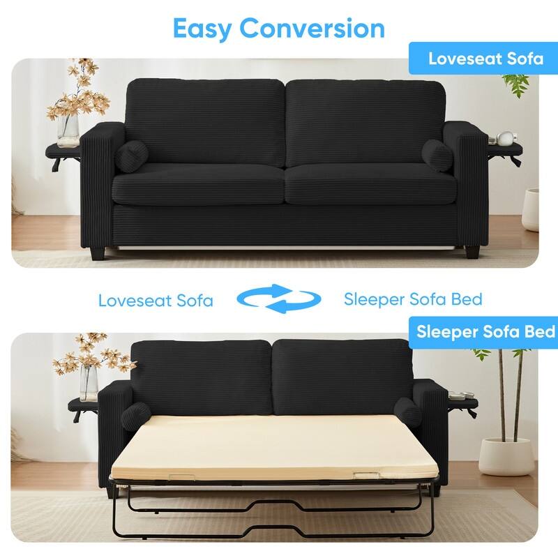 Mixoy Convertible 2-in-1 Pull Out Sleeper Sofa Bed Loveseat with 2 Wing Table and Memory Foam Mattress