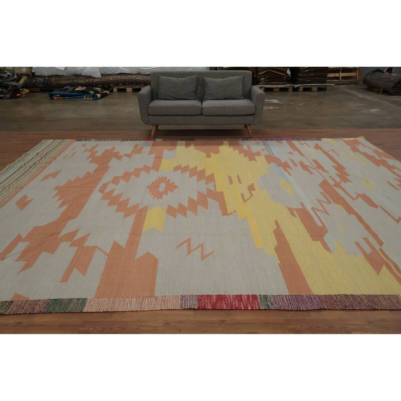 Hand Woven Oriental 100% Wool Carpet Southwestern Modern Greys & Charcoal Kilim Area Rug - 14' 1'' X 11' 1''