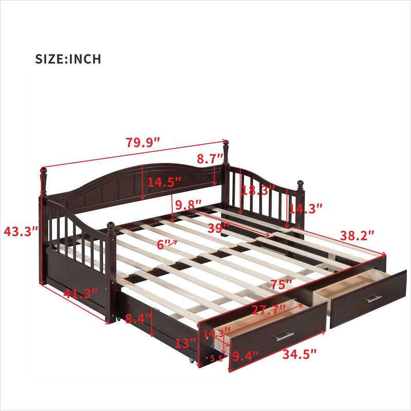 Twin Daybed Extendable Wood Sofa Bed Frame w/ Pull-out Trundle & 2 Storage Drawers, Wood Slat Support, Guardrails on Both Sides