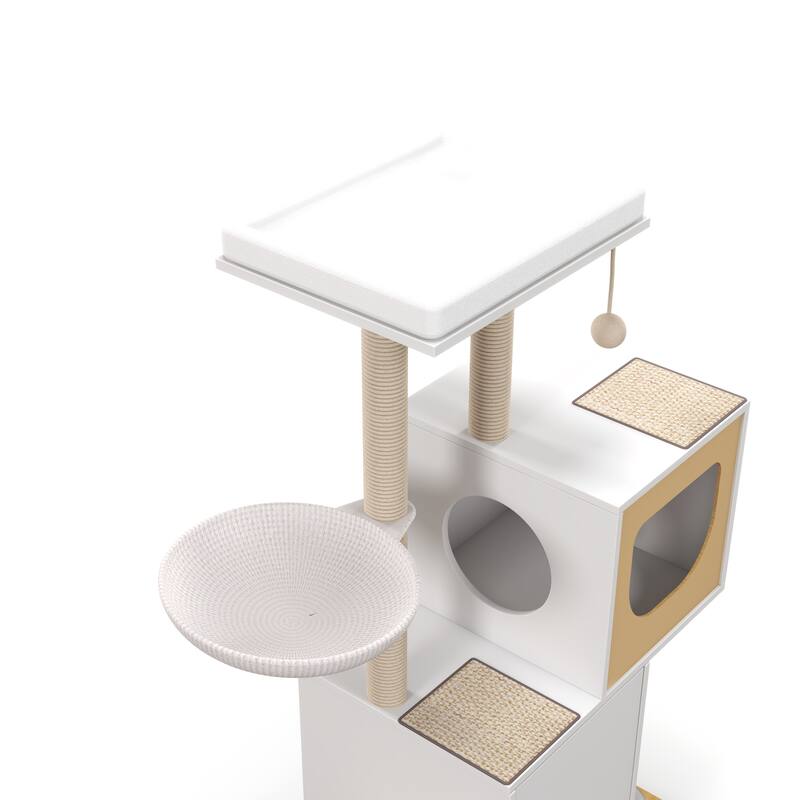 Wood Cat Tree Tower with Scratching Pads and Large Storage Space, Industrial Cat Cabinet with Shelves and Doors