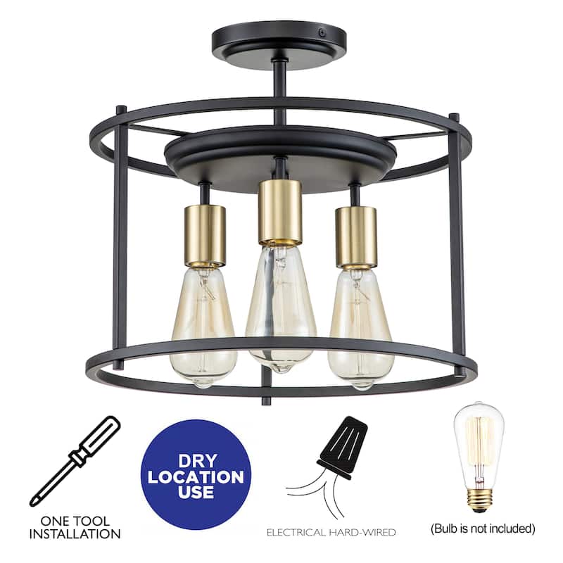 3-Light Black and Gold Drum Cage Semi Flush Mount Light