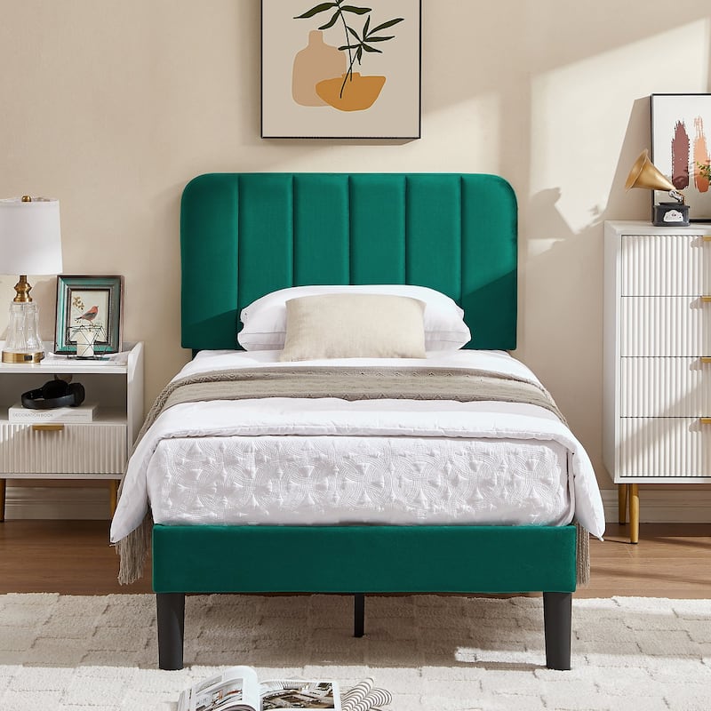 Javlergo Upholstered Adjustable Headboard Velvet Platform Bed Quiet Heavy-Duty Bed Frame No Box Spring Needed - Green - Twin