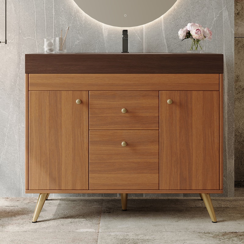 36" Modern Freestanding Bathroom Vanity with Sintered Stone Top, Ceramic Sink & Smart Storage