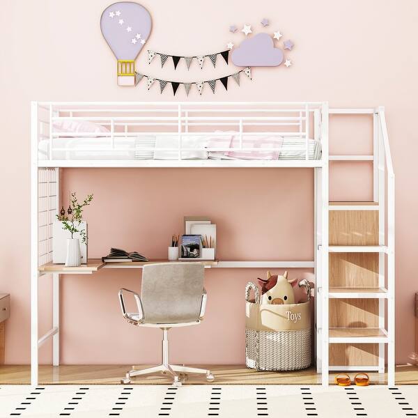 slide 2 of 18, Twin Size Loft Bed with Desk, Whiteboard, and Shelves - Sturdy Metal and MDF Construction White