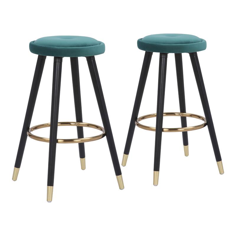 Cavalier Counter Stool Black Wood Green Velvet Upholstery - Set of 2 - 15.25"Lx15.25"Wx26"H - Counter Height - Black Wood, Green Velvet, Gold Metal - Set of 2