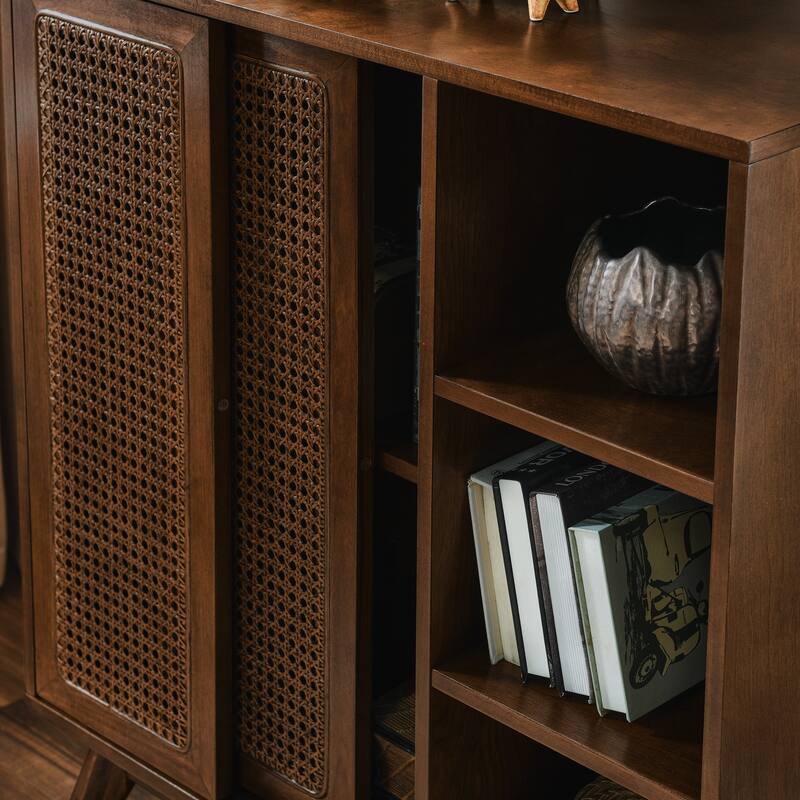 Rustic Rattan Sideboard Buffet Storage Cabinet Walnut Entry Side Cabinet