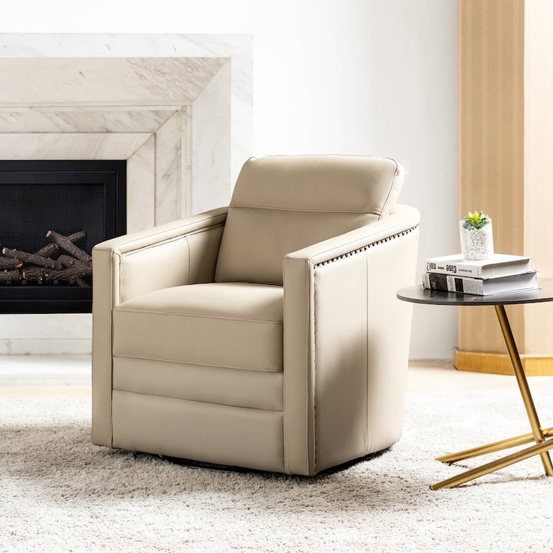 Jorge 28.74" Wide Genuine Leather Swivel Chair with Arms - Beige