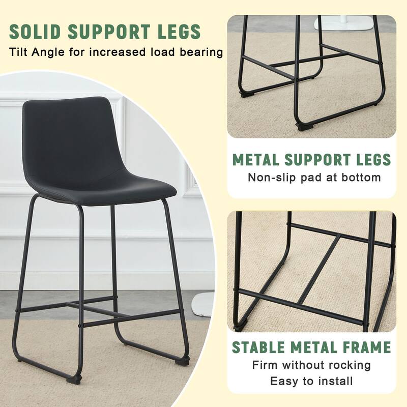 PU Leather Bar Stools Set of 2, Counter Height Bar Stools with Back and Footrest, Kitchens Island Chair with Metal Legs
