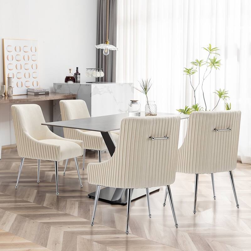 SEYNAR Modern Velvet Pleated Finish Back Dining Chair Set of 4 with Rear Handle - Beige