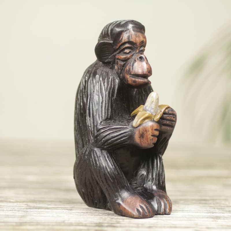 Novica Handmade Monkey Peeling A Banana Ebony Wood Figurine
