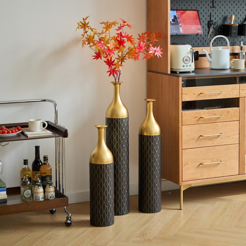 Set of 3 Black and Gold Metal Vase Floor Vases Ideal (25"/30"/34" H) - Gold+Black