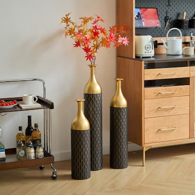 Set of 3 Black and Gold Metal Vase Floor Vases Ideal (25"/30"/34" H)