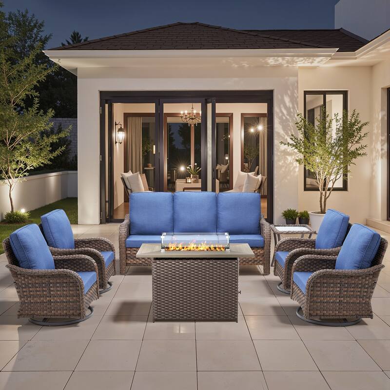 Pocassy Patio Sofa Swivel Chairs with Fire Table Funiture Set - Blue Cushion - Brown Wicker - 7-Piece Sofa Swivel Chair with Fire Pit Table