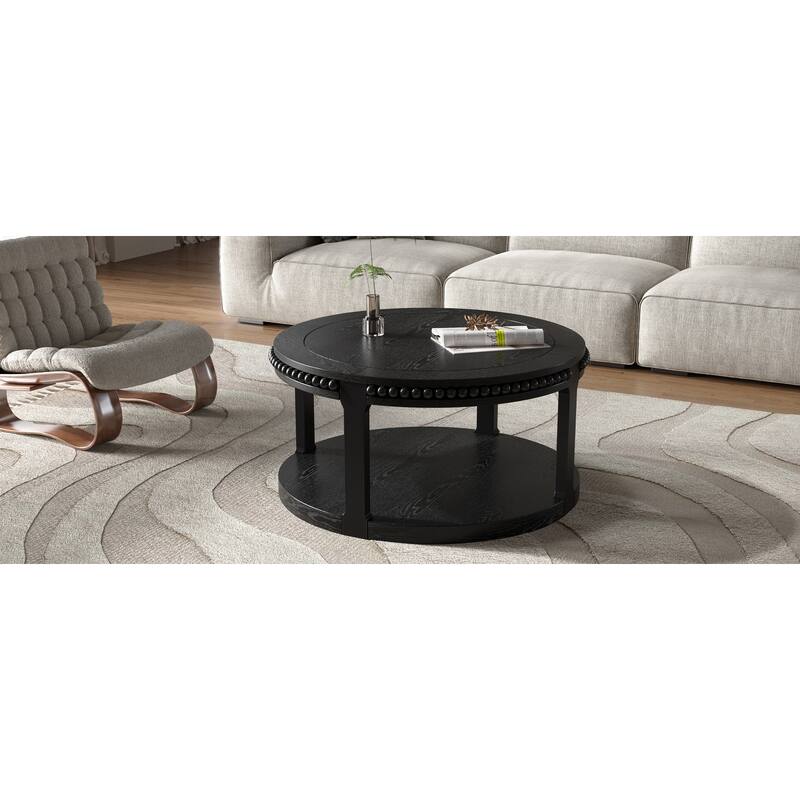 31.5" Round Solid Wood Coffee Table - Two-Tier Thickened Top, Sturdy Legs, Sofa or Living Room Table