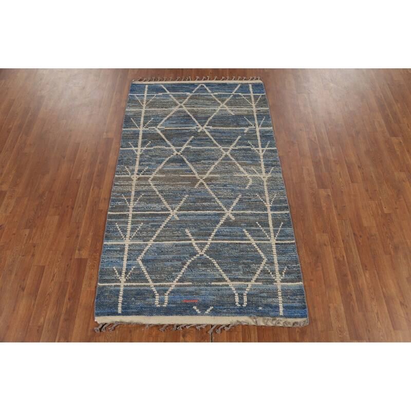 Striped Blue Moroccan Oriental Area Rug Handmade Wool Carpet - 3'10"x 6'9"
