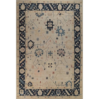 Vegetable Dye Geometric Oushak Turkish Large Rug Handmade Wool Carpet - 9'9" x 13'8"