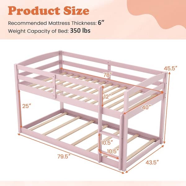 dimension image slide 0 of 4, Costway Twin over Twin Low Bunk Bed with Guardrails Integrated Ladder - See Details