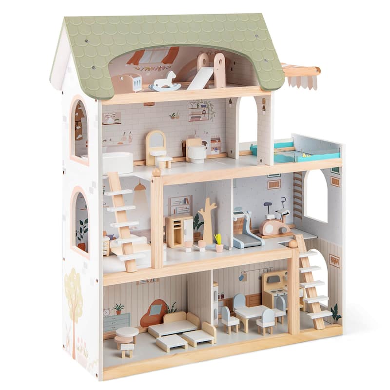 Costway Kids Wooden Dollhouse 4-Story Modern Doll House with 33Pcs - as pic shows - See Details - as pic shows - Assembly Required - See Details - Kids