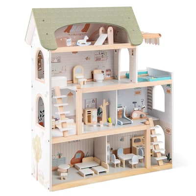 Costway Kids Wooden Dollhouse 4-Story Modern Doll House with 33Pcs - as pic shows - See Details