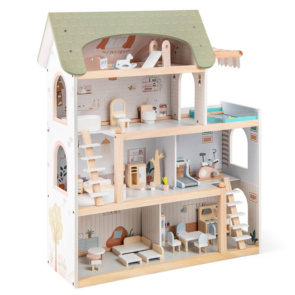 Costway Kids Wooden Dollhouse 4-Story Modern Doll House with 33Pcs - as pic shows - See Details