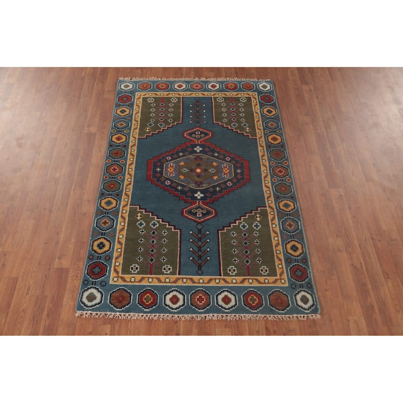 Blue Geometric Kazak Accent Rug Handmade Oriental Wool Carpet - 3'11"x 6'0"