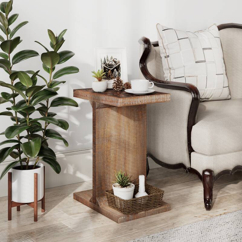 COZAYH Transitional Wood End Table with Glass Tile Checkerboard Top, Retro-Inspired Nightstand with I-Base and Weathered Finish