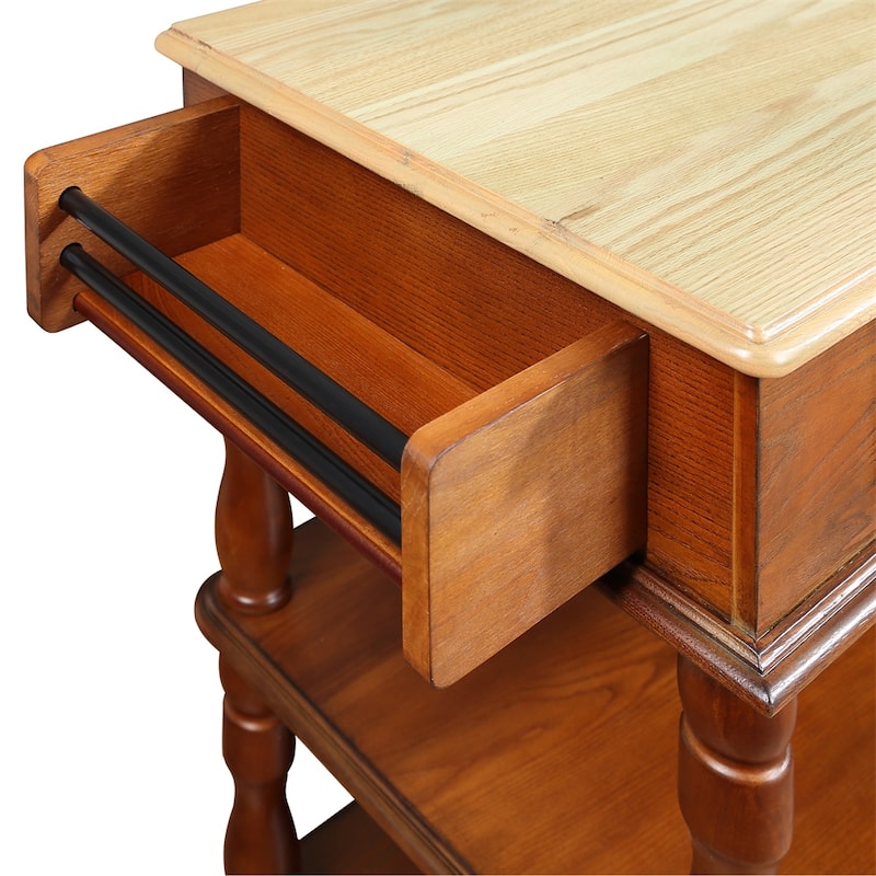 Rolling OAK Wood Top Kitchen Cart with Wine Rack and 2 Drawers