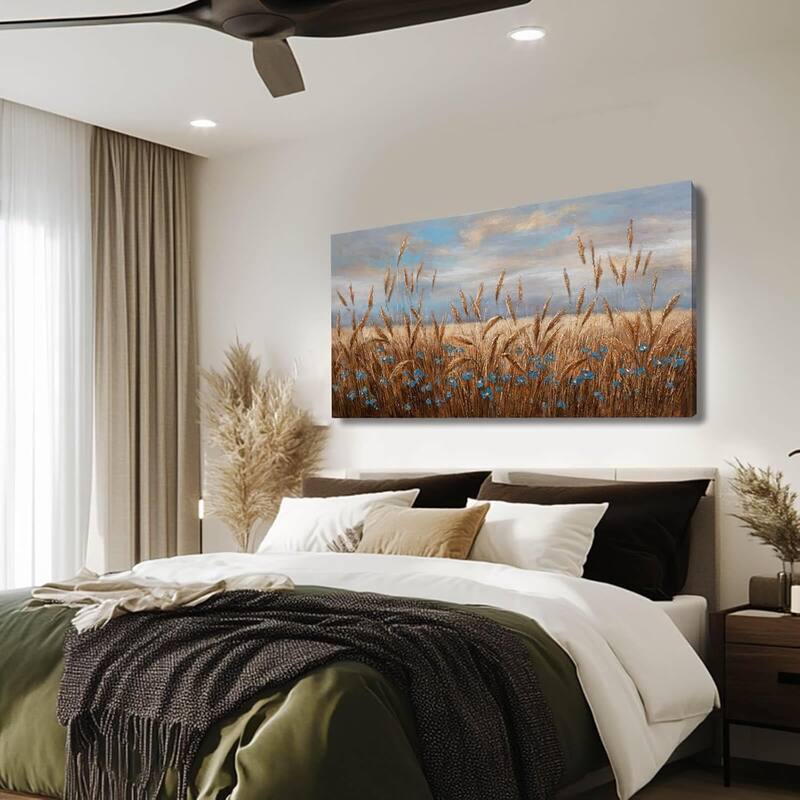 Flowers Wall Art Gold Cornfield Artwork Blue Sky Landscape