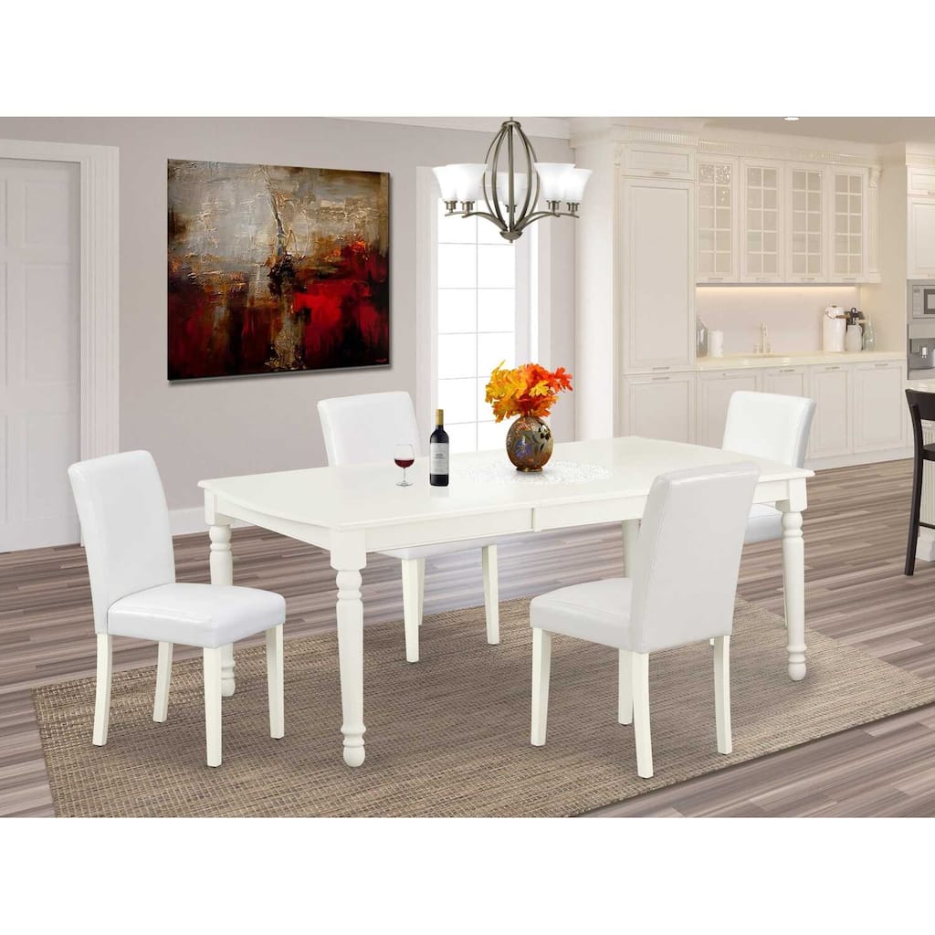 Rectangular Dining Table Set - 5pc Table & 4 Chairs - White PU Leather - 60"x36" with Leaf