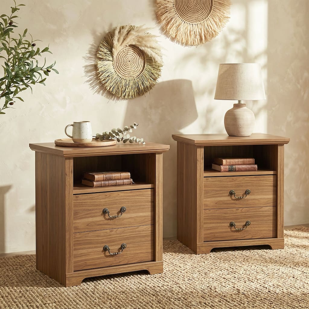 25" Brown Walnut Wood Modern Farmhouse Set of 2 Nightstands with Open Shelf and 2 Storage Drawers