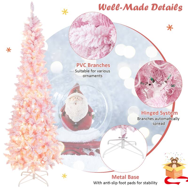 Gymax 7FT Pre-Lit Flocked Christmas Pencil Snow Tree Holiday Decor