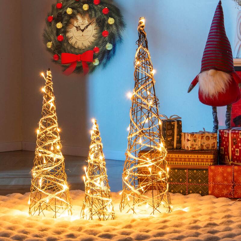 Costway 32" 24" 16" Set of 3 Lighted Rattan Cone Trees with LED Lights - Brown - See Details