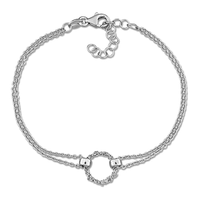 Miadora Double Row Diamond Cut Curb Chain Circle Charm Bracelet Sterling Silver