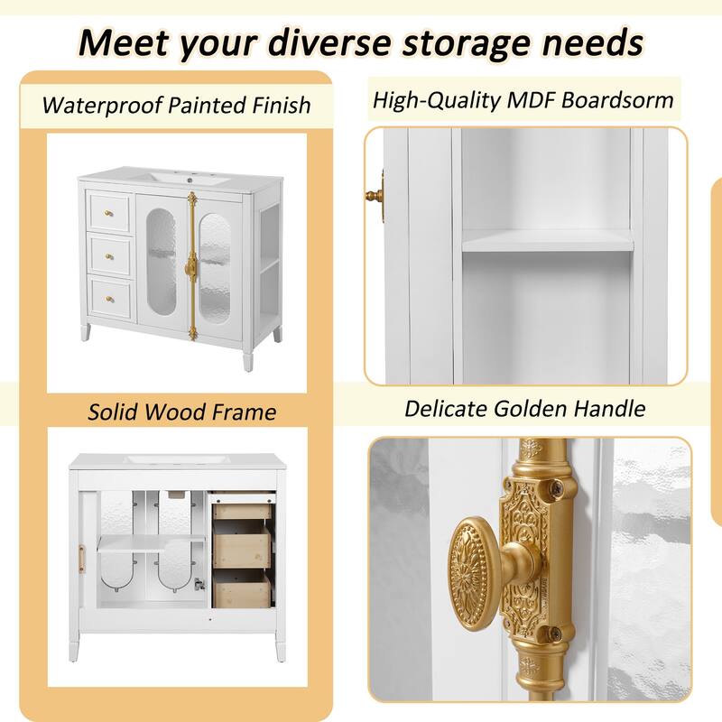 36-inch Bathroom Vanity with 2 Soft Close Doors, Solid Wood Frame Modern Bathroom Storage Cabinet with 3 Drawers