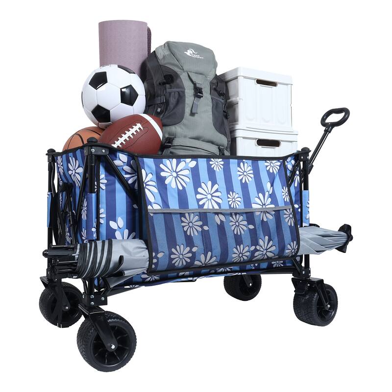 Heavy-Duty 480lbs Folding Wagon Cart with Bonus Picnic Mat - All-Terrain Beach Wheels, Drink Holders,Brakes & Side Pocket