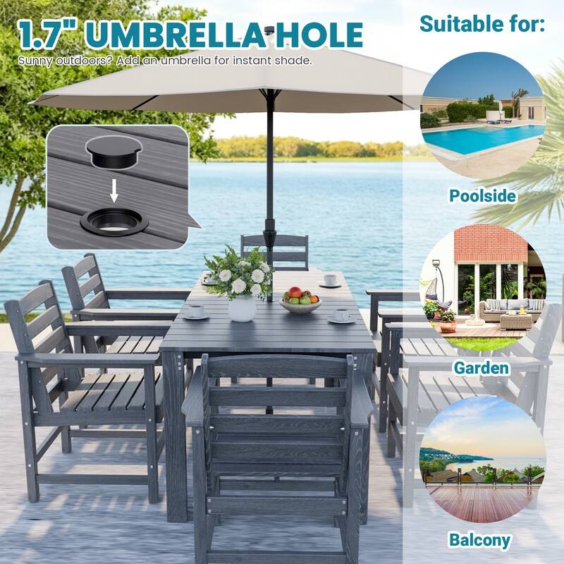 Gray 5/7-Piece HDPE Wood Grain Patio Outdoor Dining Set with Armrest & Umbrella Hole