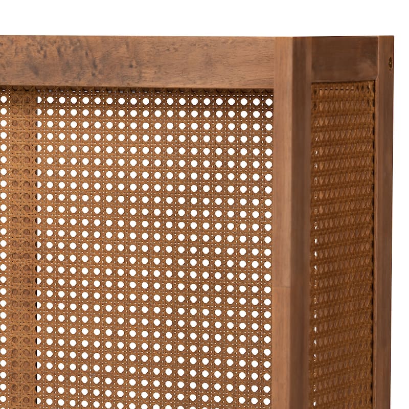 Mid-Century Modern Ash Walnut Wood and Synthetic Rattan King Size Wrap-Around Headboard, Bohemian Charm