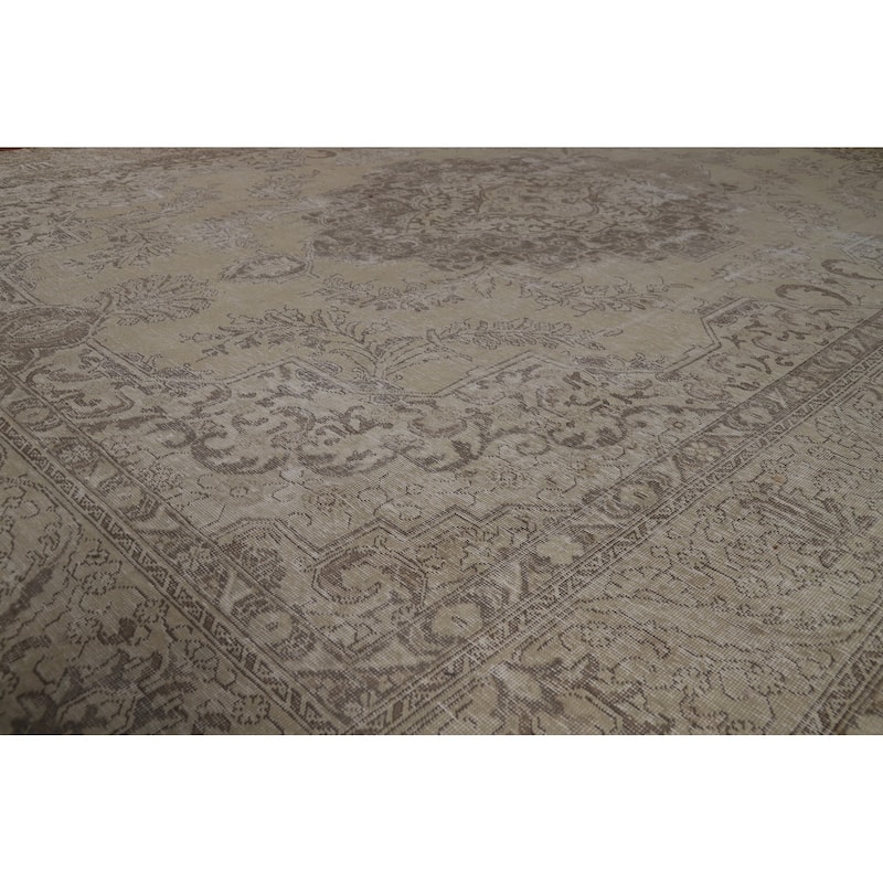 Tabriz Persian Vintage Area Rug Handmade Beige Wool Carpet - 9'4" x 12'10"