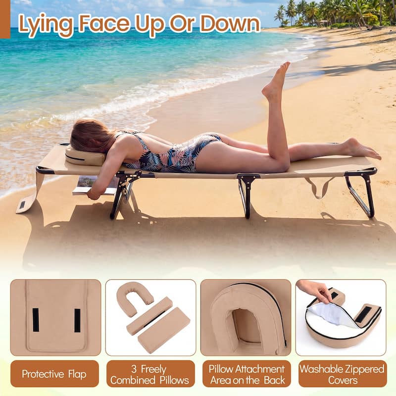 Gymax 2PCS Folding Beach Sun Lounger w/Face Hole Removable Pillows