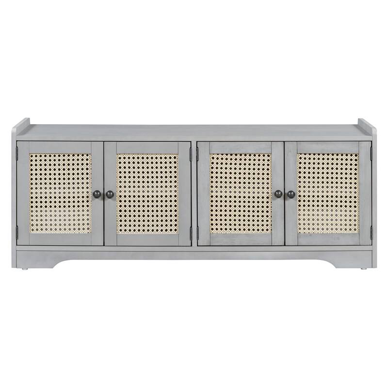 Rustic Woven Rattan Doors Storage Bench with Removable Cushion & Adjustable Shelves