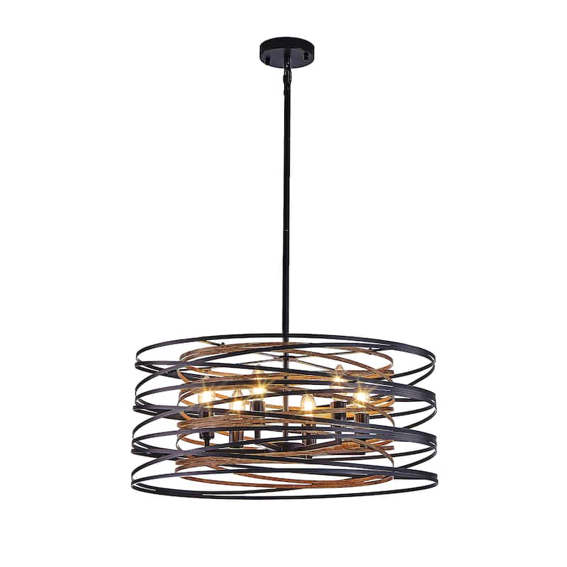 Sofucor 13/20/24 Inch Rustic Industrial Pendant Light,Black and Walnut Metal Cage Chandelier with Wood Accents for Dining Room - 24Inches - Walnut + Iron