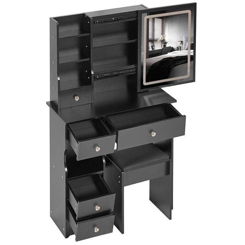 29.2" Small Size Left Drawer Desktop Vanity Table + Cushioned Stool, Large Sliding, Touch Control, Tri-color Switching