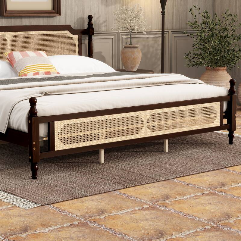King Size Wooden Bed with Rattan Headboard and Footboard, Central Enhanced Platform, Espresso