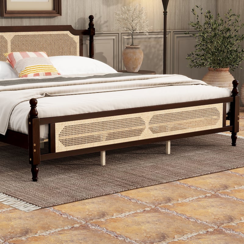 Pine wooden Bed with Rattan Headboard - Espresso