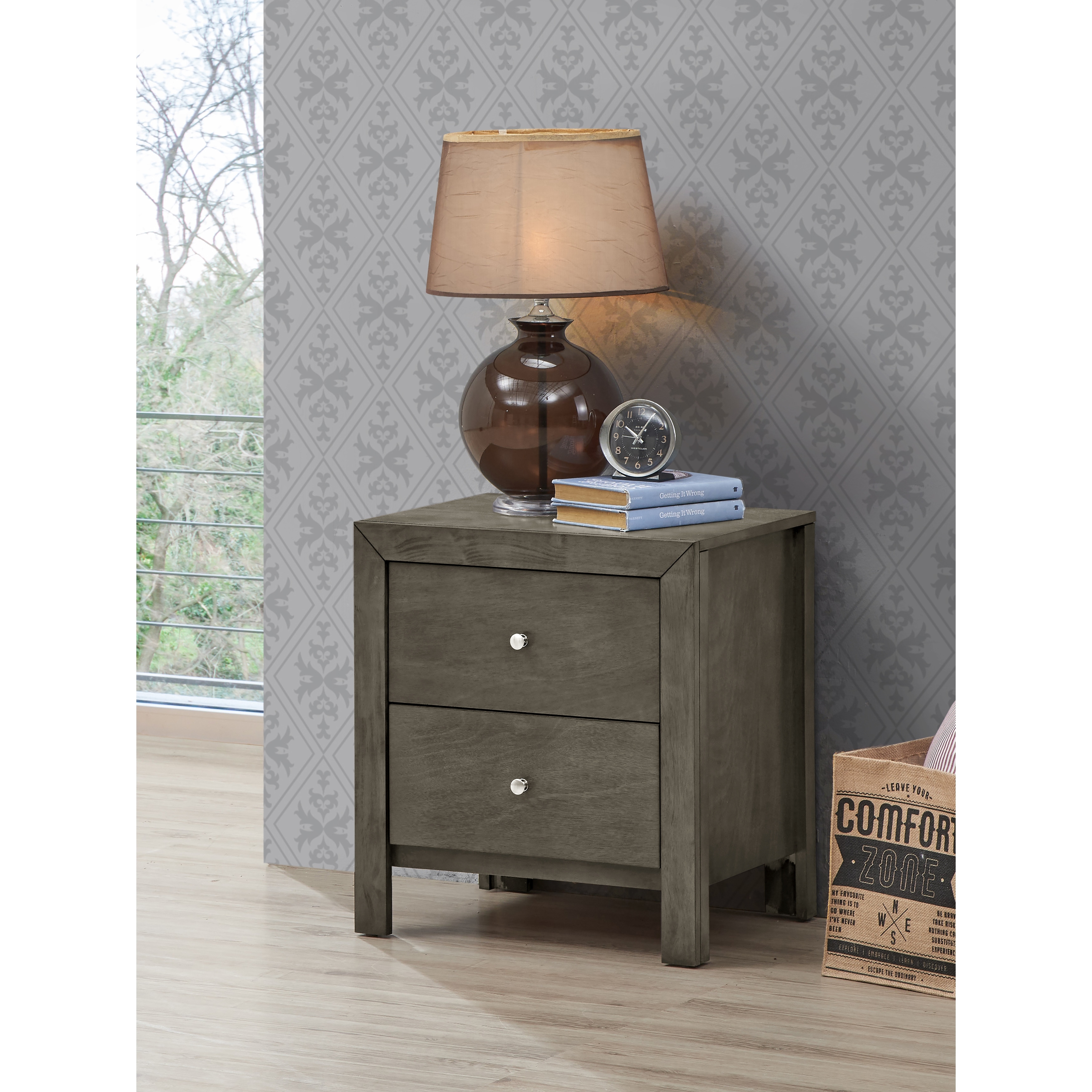 Sleek Gray Nightstand with Two Drawers